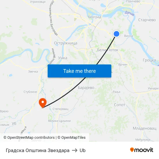 Zvezdara City Municipality to Ub map