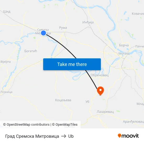 City of Sremska Mitrovica to Ub map