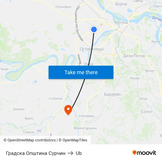 Surcin City Municipality to Ub map