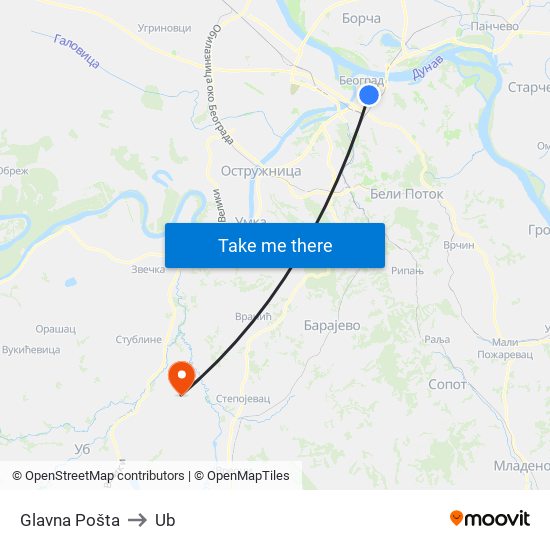 Glavna Pošta to Ub map