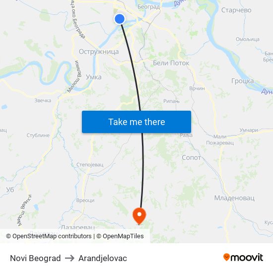 Novi Beograd to Arandjelovac map