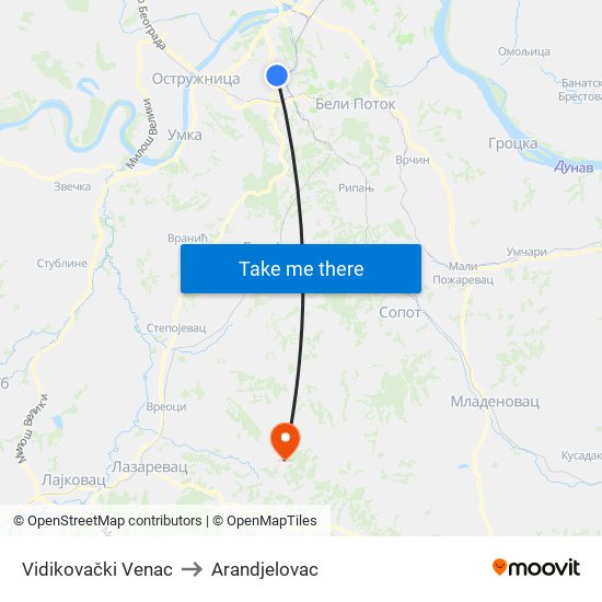 Vidikovački Venac to Arandjelovac map