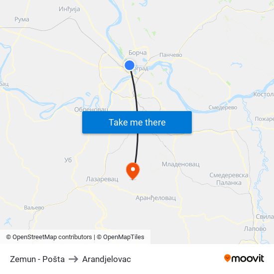 Zemun - Pošta to Arandjelovac map