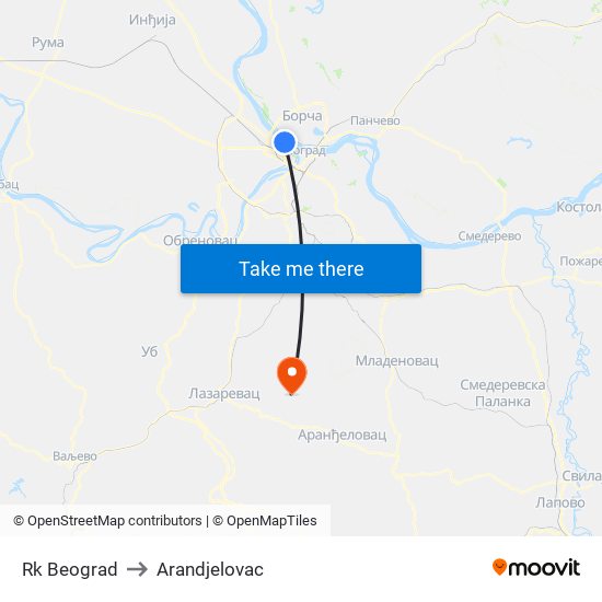Rk Beograd to Arandjelovac map