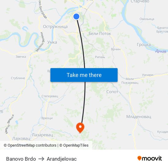 Banovo Brdo to Arandjelovac map