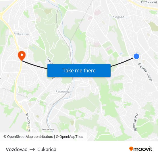Voždovac to Cukarica map