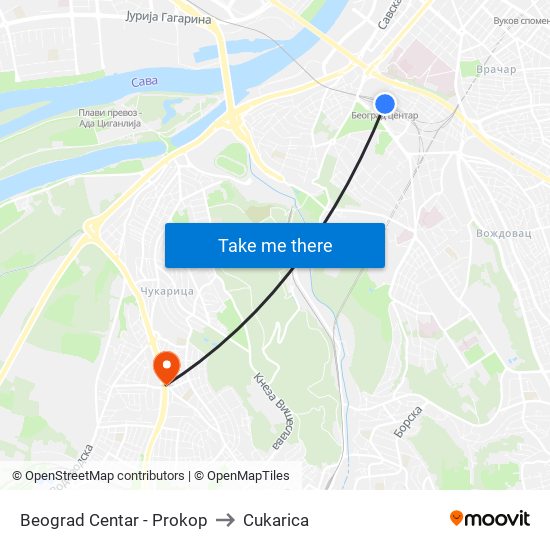 Beograd Centar - Prokop to Cukarica map