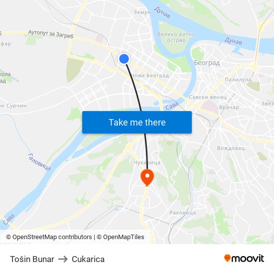 Tošin Bunar to Cukarica map