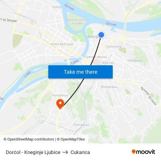 Dorćol - Kneginje Ljubice to Cukarica map