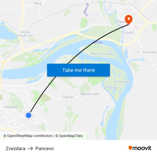 Zvezdara to Pancevo map