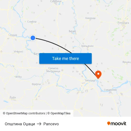 Odžaci Municipality to Pancevo map