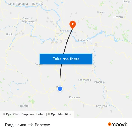 City of Čačak to Pancevo map