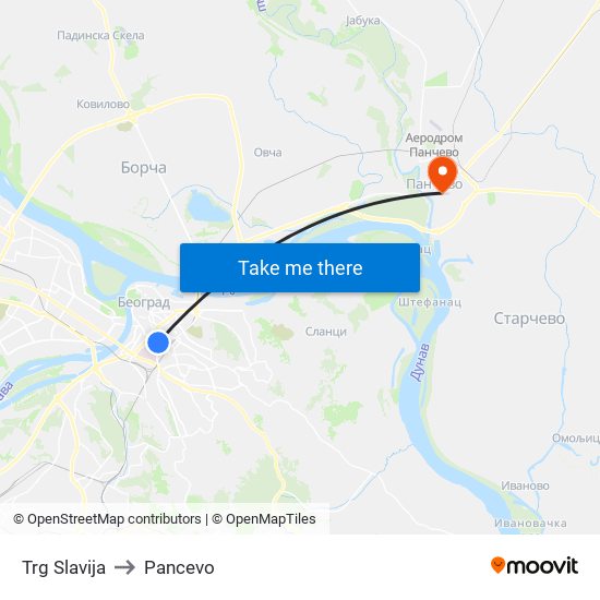 Trg Slavija to Pancevo map