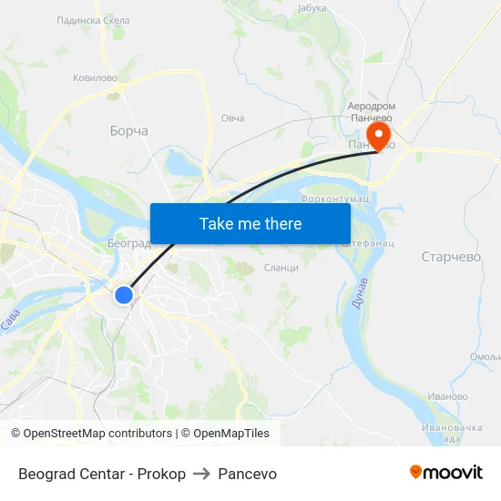 Beograd Centar - Prokop to Pancevo map