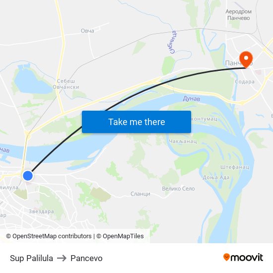 Sup Palilula to Pancevo map