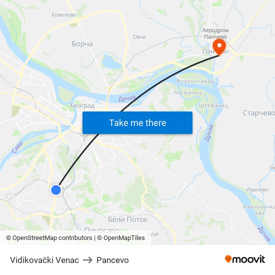 Vidikovački Venac to Pancevo map