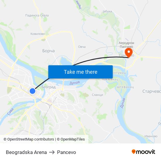 Beogradska Arena to Pancevo map