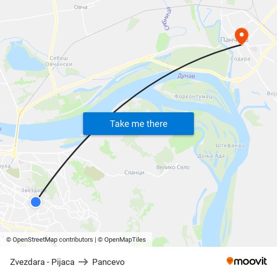 Zvezdara - Pijaca to Pancevo map