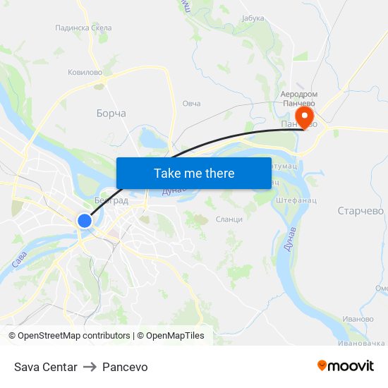 Sava Centar to Pancevo map