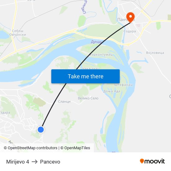 Mirijevo 4 to Pancevo map
