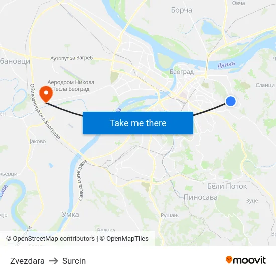 Zvezdara to Surcin map