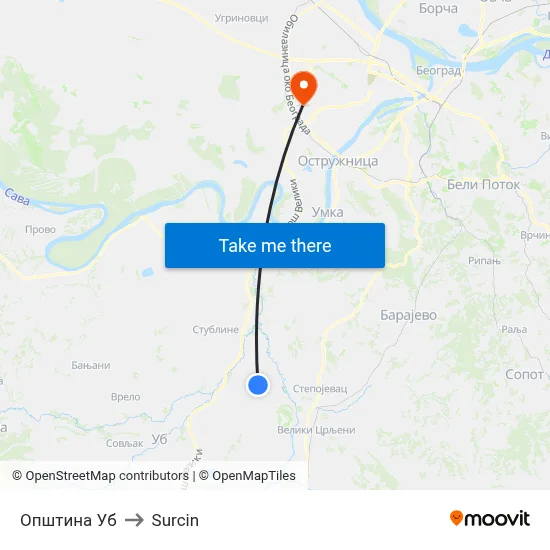 Општина Уб to Surcin map