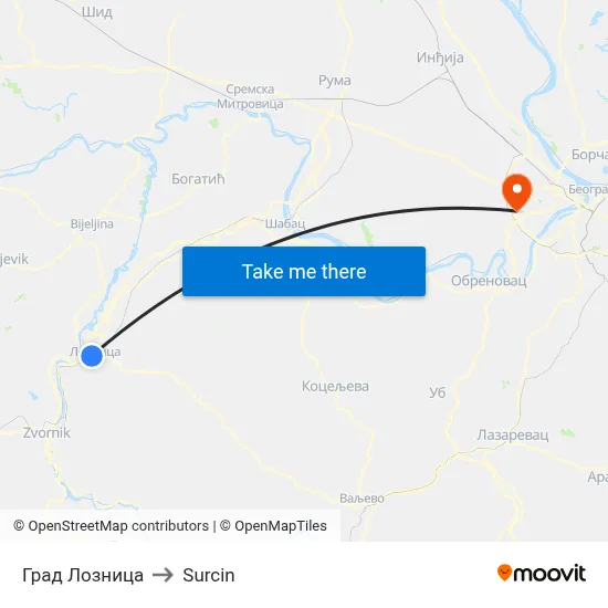 City of Loznica to Surcin map