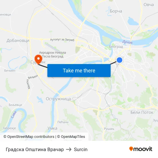 Vracar Municipality to Surcin map
