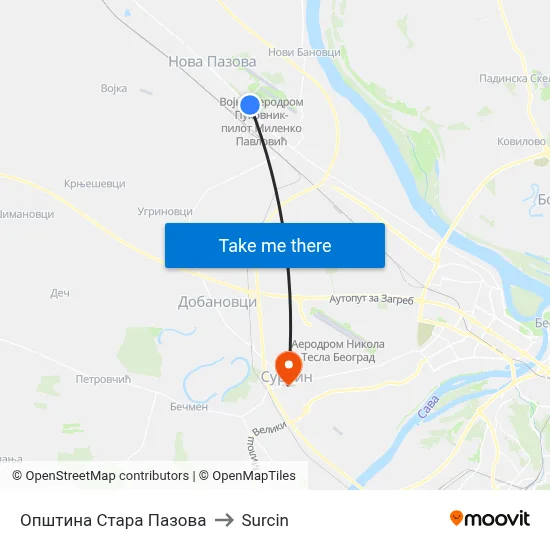 Stara Pazova Municipality to Surcin map