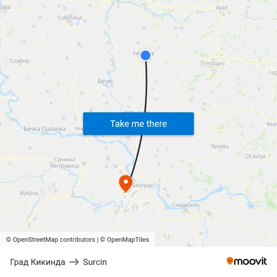Kikinda City to Surcin map