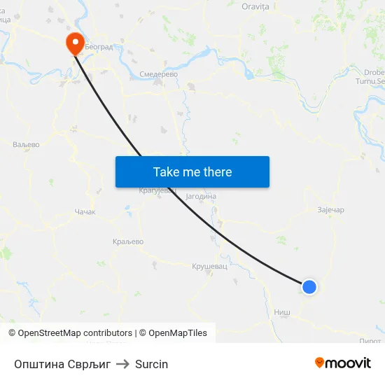 Svrljig Municipality to Surcin map