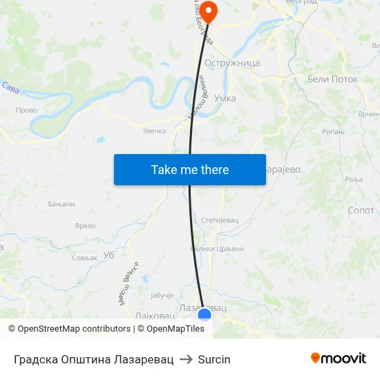 Lazarevac City Municipality to Surcin map