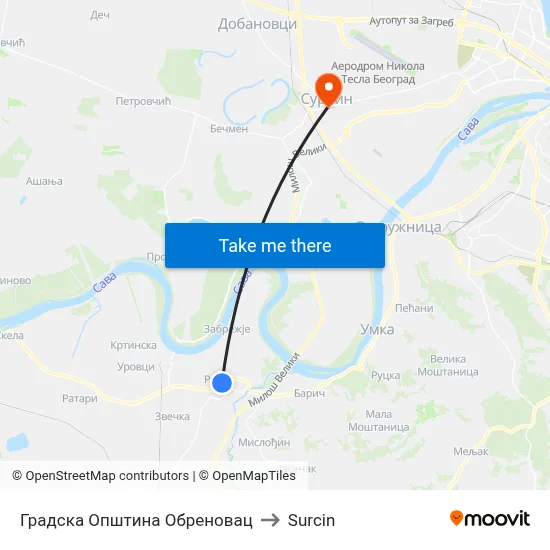 Obrenovac City Municipality to Surcin map