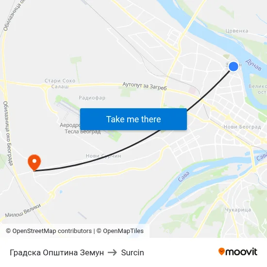Zemun City Municipality to Surcin map