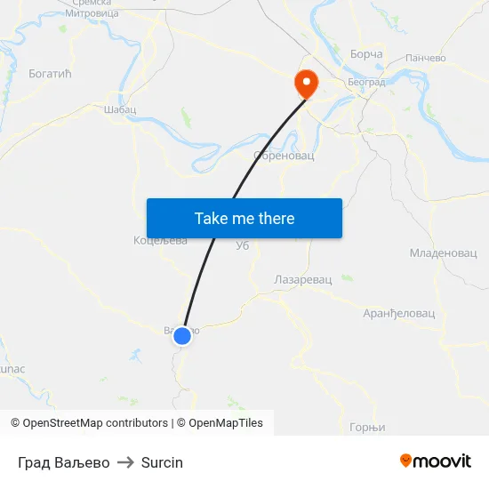 City of Valjevo to Surcin map