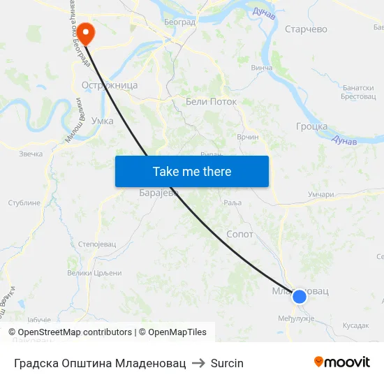 Mladenovac Municipality to Surcin map