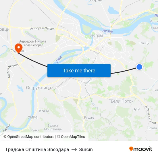 Zvezdara City Municipality to Surcin map