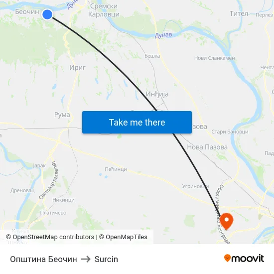 Beočin Municipality to Surcin map
