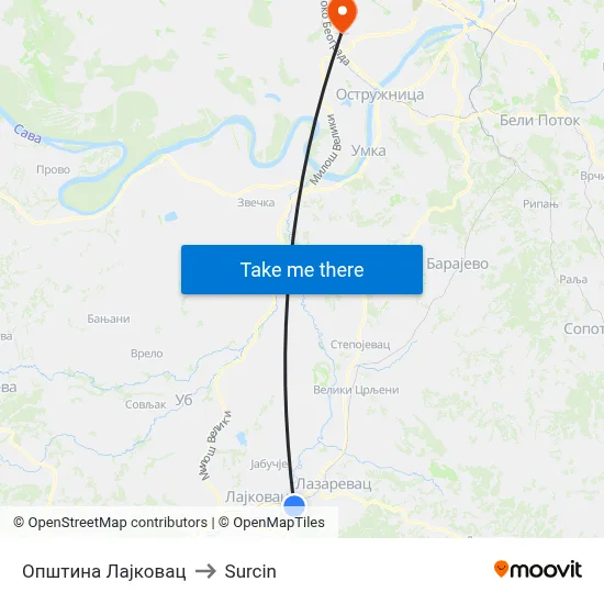 Lajkovac Municipality to Surcin map