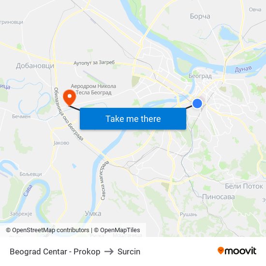 Beograd Centar - Prokop to Surcin map