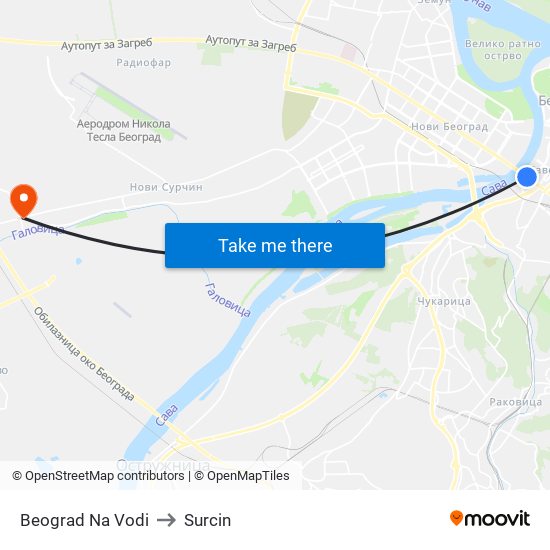 Beograd Na Vodi to Surcin map