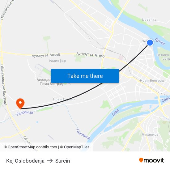 Kej Oslobođenja to Surcin map