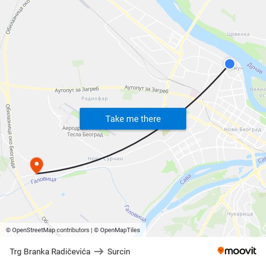 Trg Branka Radičevića to Surcin map