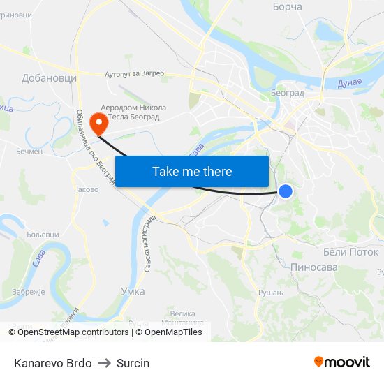 Kanarevo Brdo to Surcin map