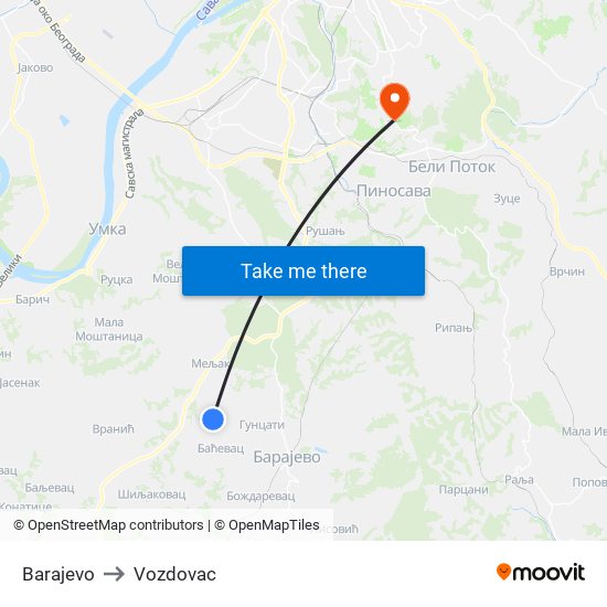 Barajevo to Vozdovac map