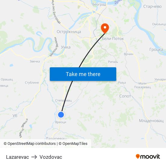 Lazarevac to Vozdovac map