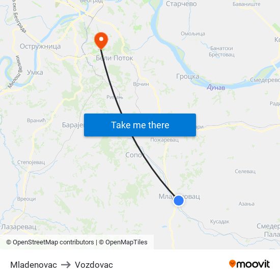 Mladenovac to Vozdovac map