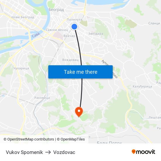 Vukov Spomenik to Vozdovac map