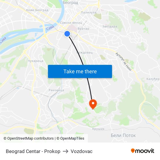 Beograd Centar - Prokop to Vozdovac map