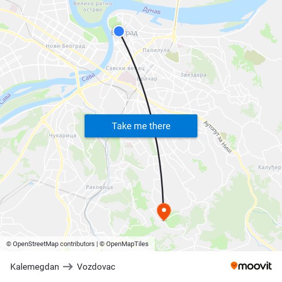 Kalemegdan to Vozdovac map